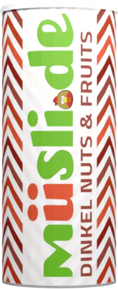 Bild der Verpackung (Dose) des Bio Müslis Dinkel Nuts & Fruits von müsli.de